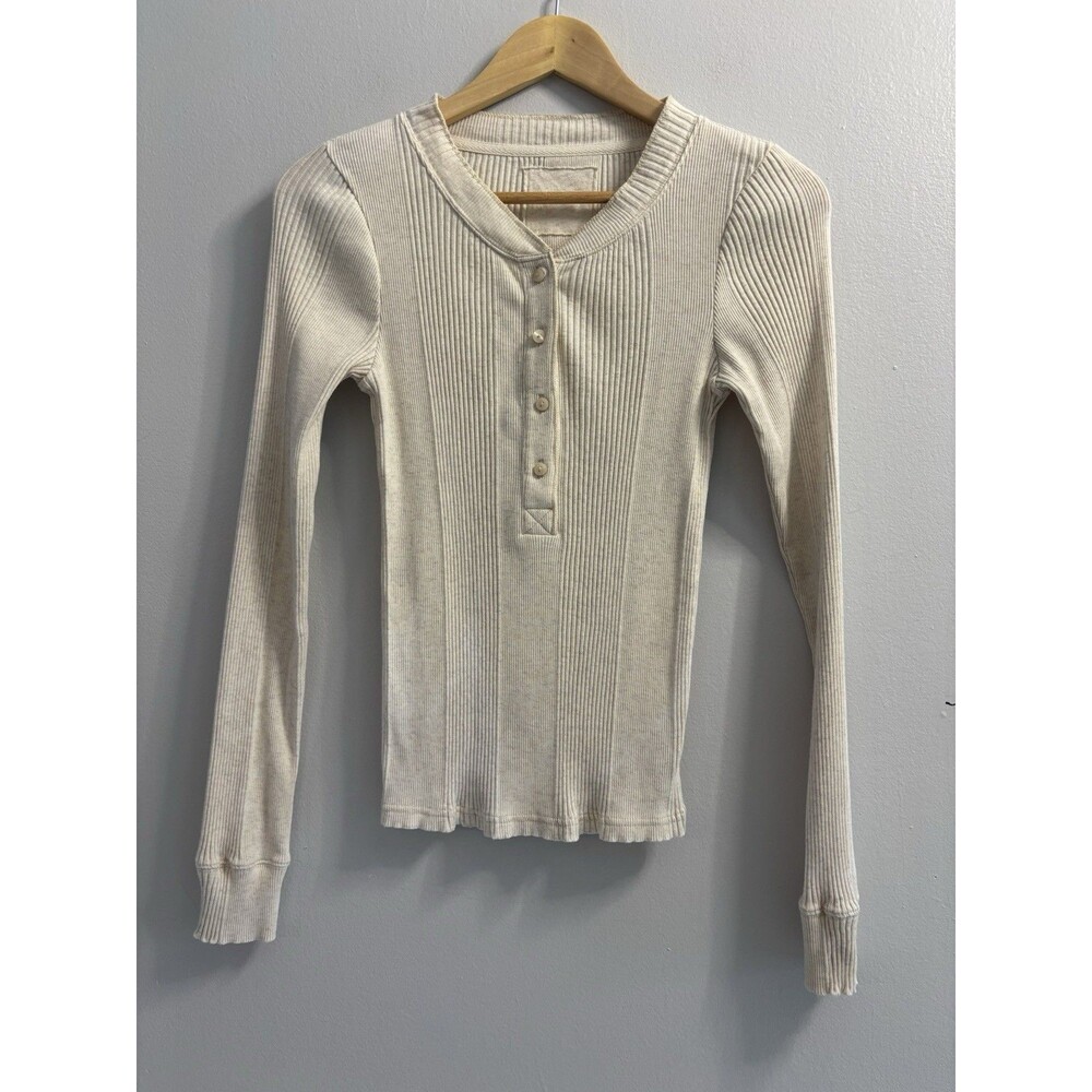 Aerie Cream Ribbed Henley Top Long Sleeve Button Front Fitted Thermal Size M